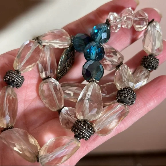 Vintage Bohemian Silver Heavy Clear Quartz Stone Blue Chunky Western Necklace